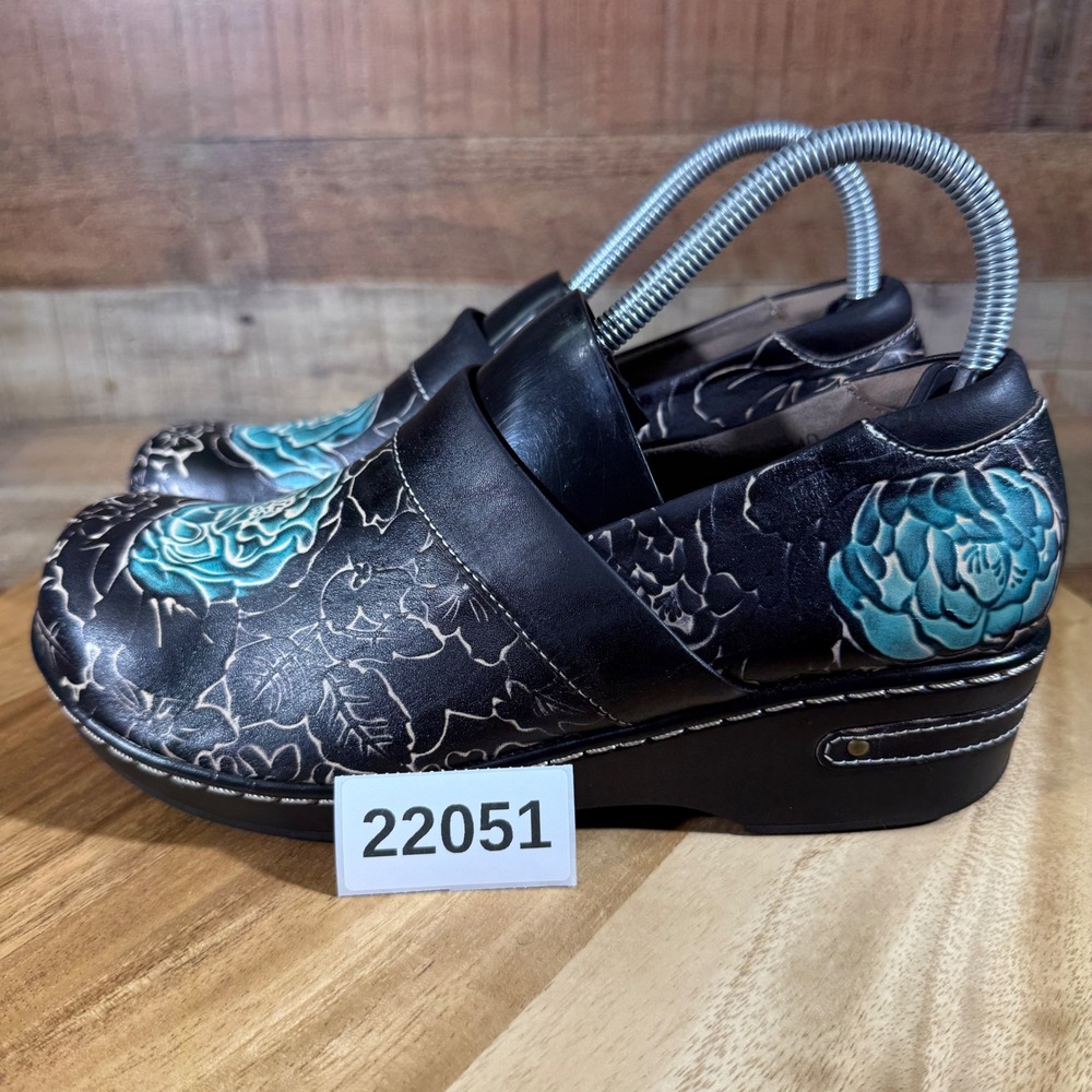 Spring Step L'Artiste Clogs Womens 40 Black Green Elkayjay Floral Leather Mules